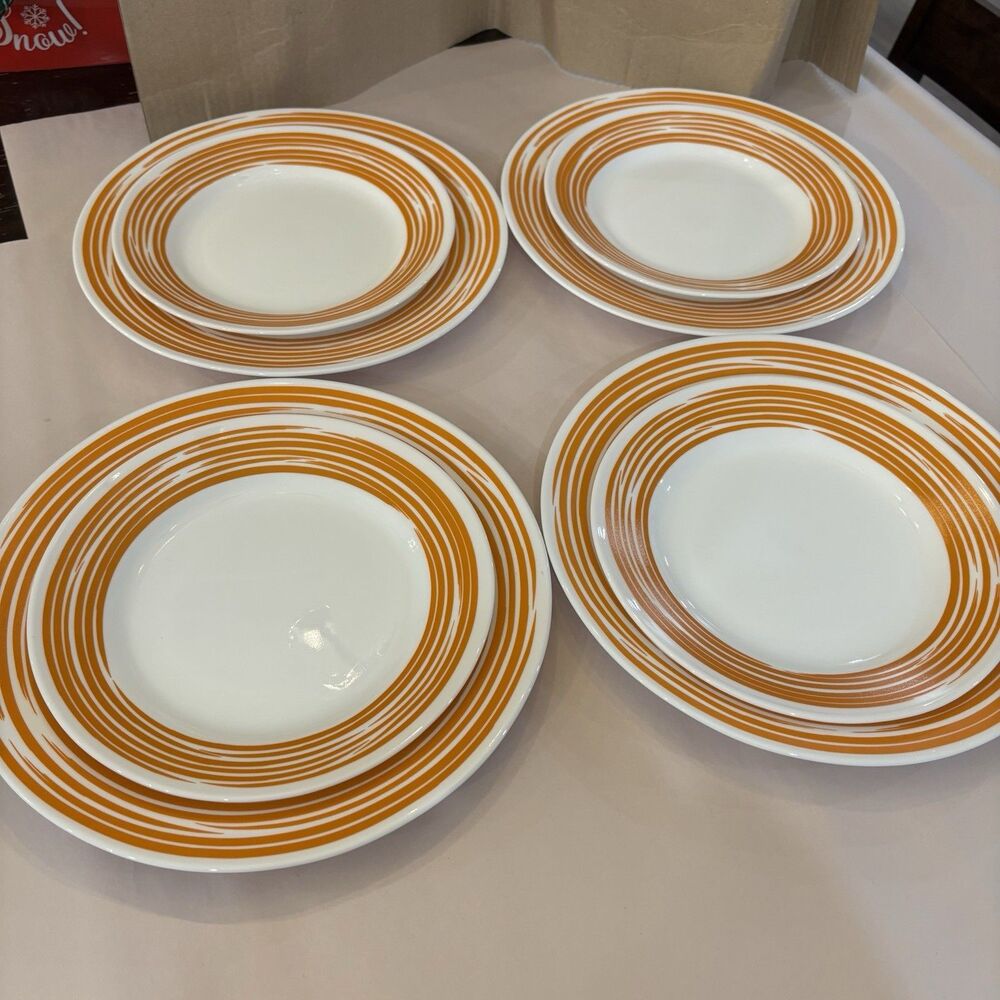 Corelle Strokes Of Color 4 Dinner Plates + 4 Luncheons Tangerine Discontinued - Picture 2 of 12